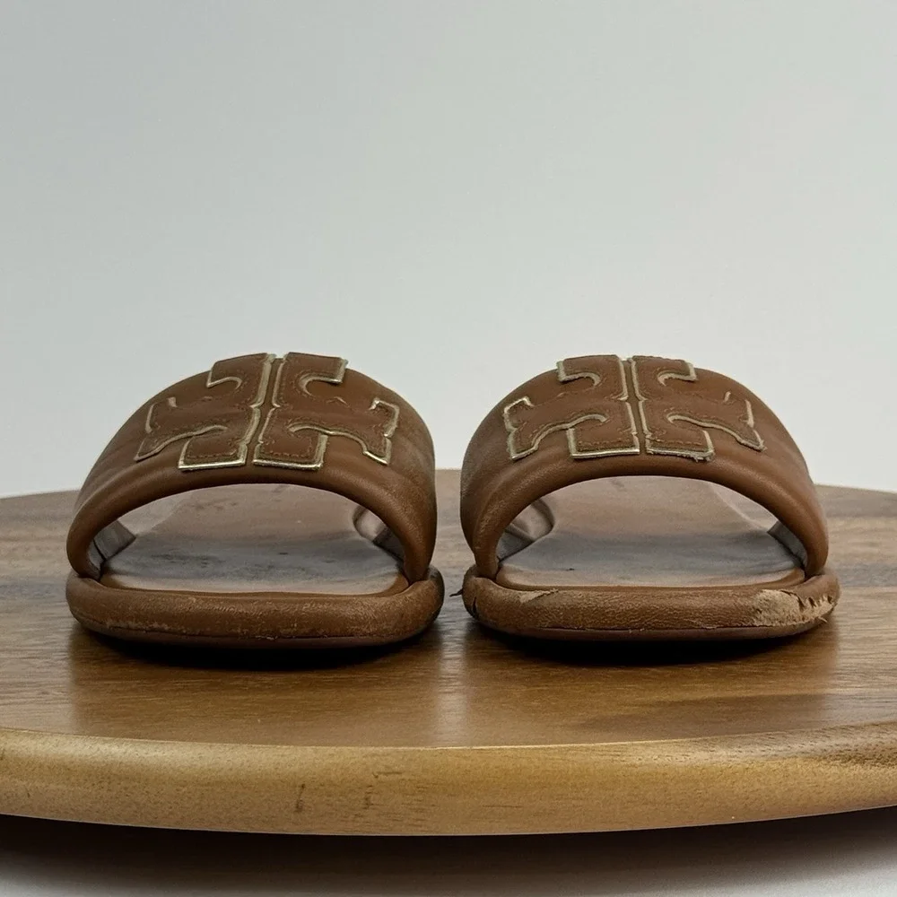 Womens Tory Burch Double T Tan Leather Slip On Flat Sport‎ Slides Sandals Size 8